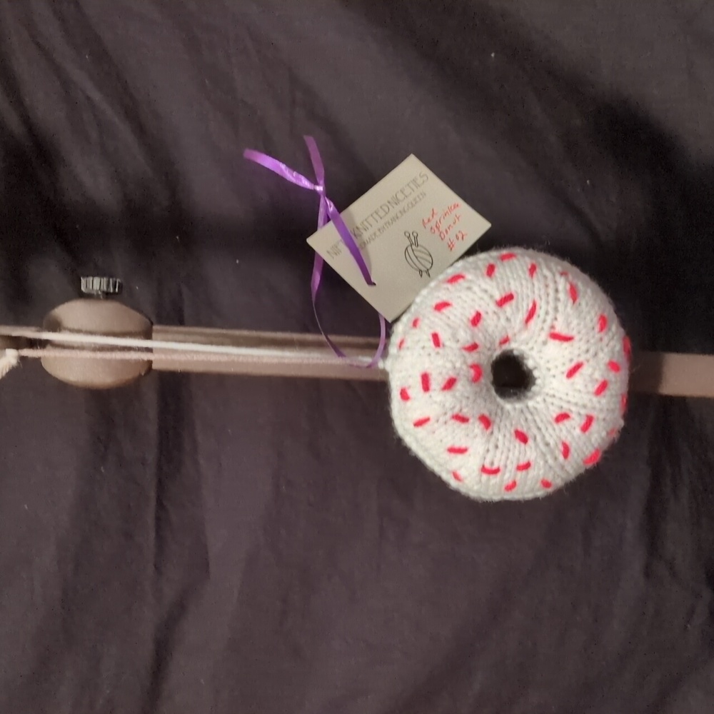 Handmade Knit Donut Bag Charm Tan White Icing Red Sprinkles #02